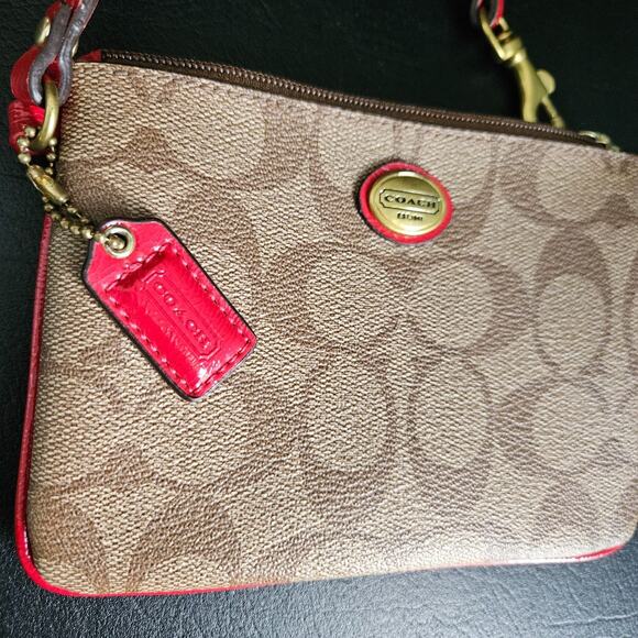 Coach Peyton Signature Brown & Pink Wristlet Gold Logo Card Holder Wallet Pouch - Picture 3 of 15